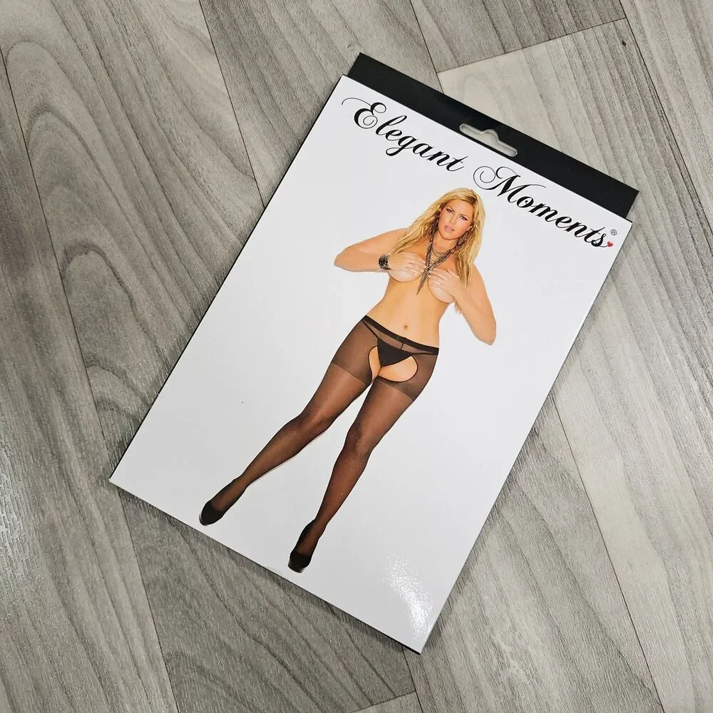 Elegant Moments Black Sheer Crotchless Pantyhose Queen Size Style 1726Q NWT